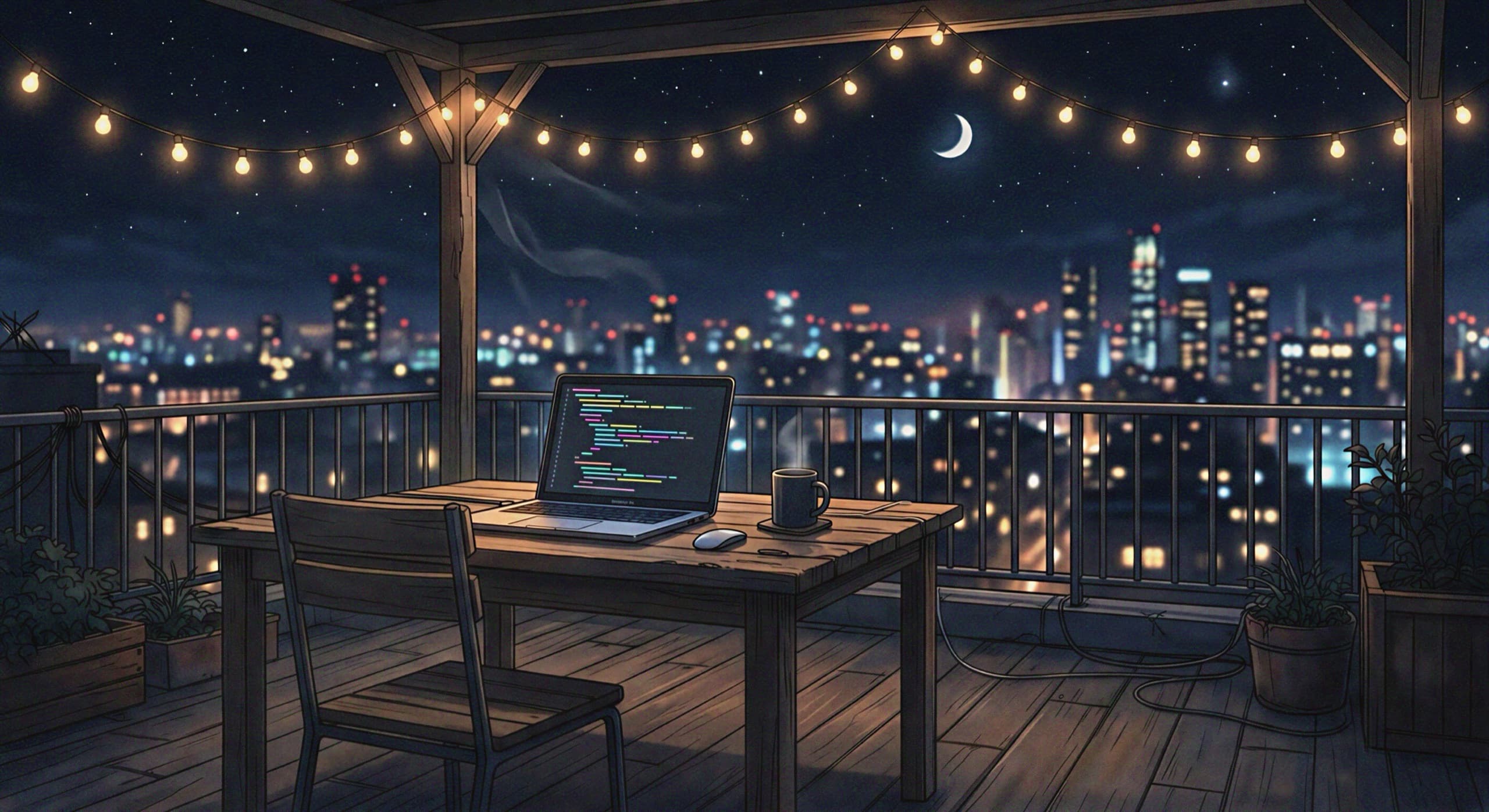 Rooftop coding desk with city lights at night