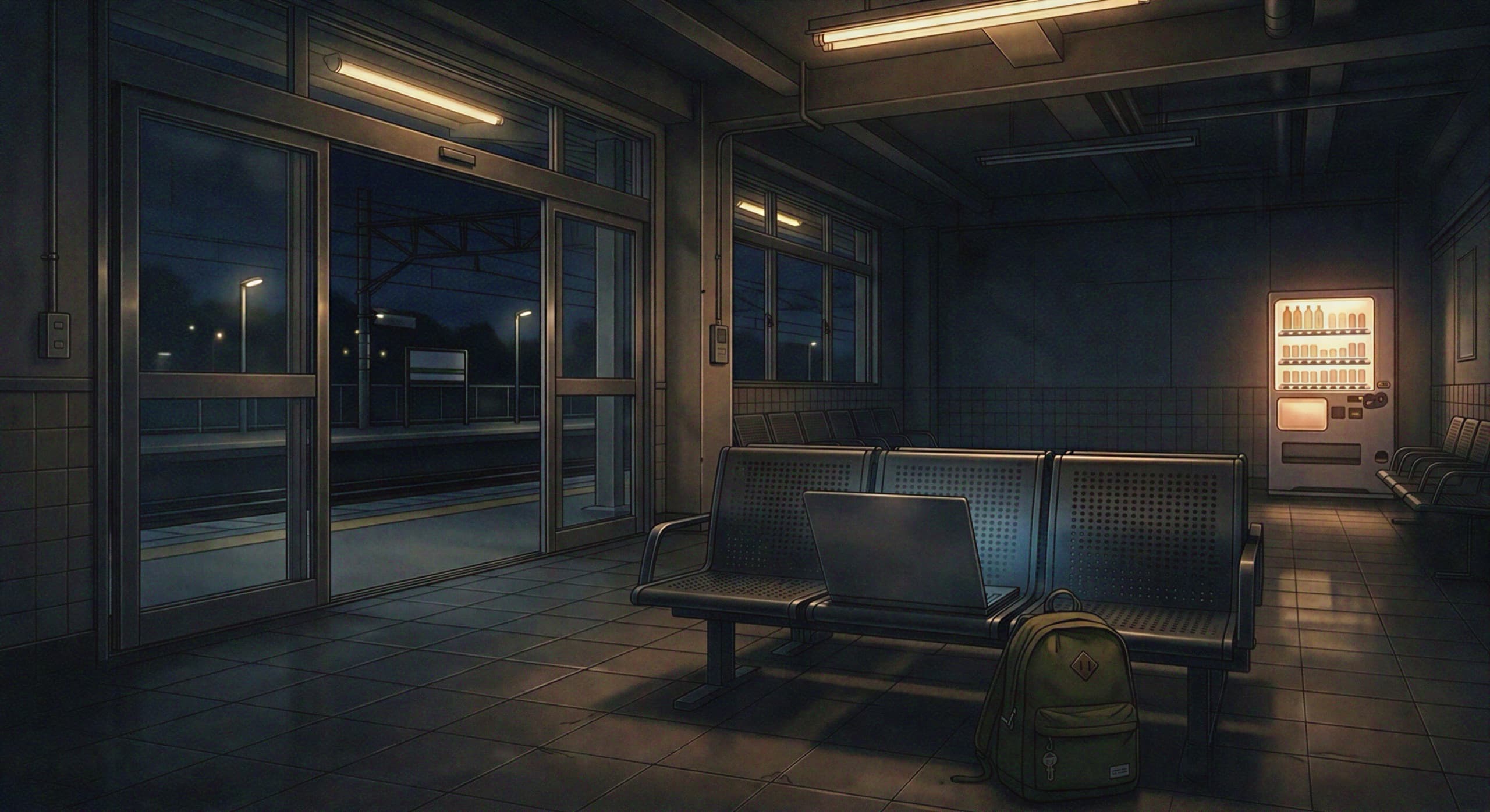 Train station waiting area at night