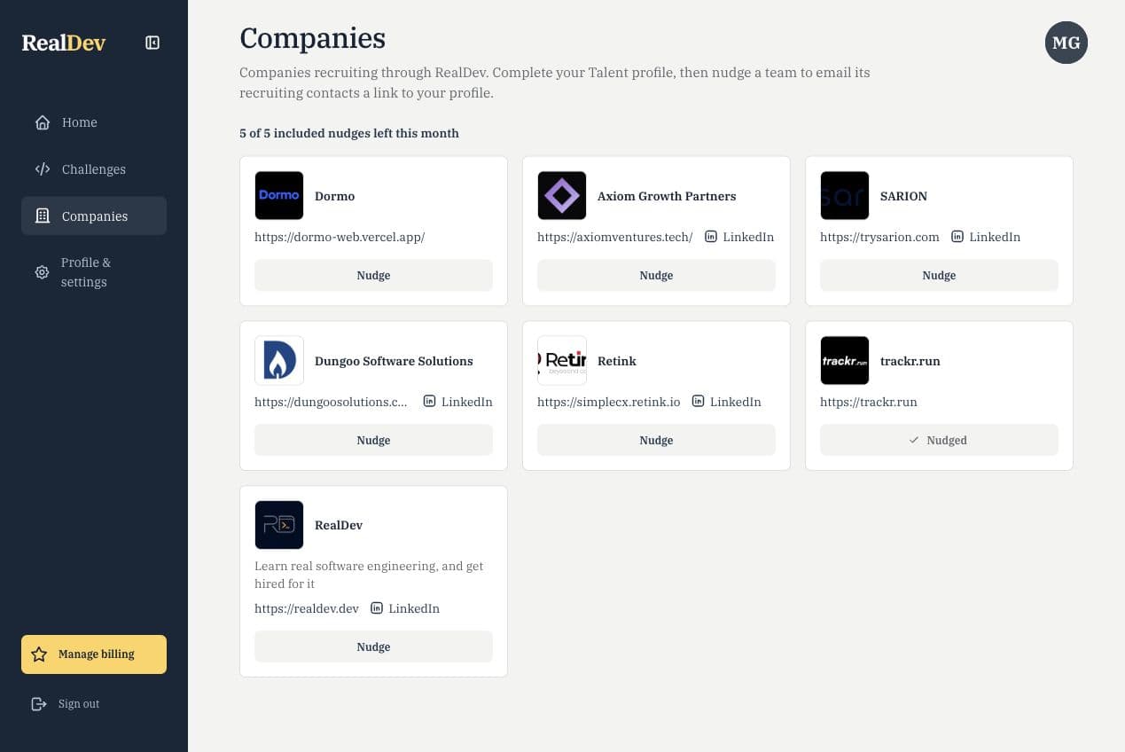 RealDev Companies page showing seven participating companies with remaining monthly nudges and company interest actions