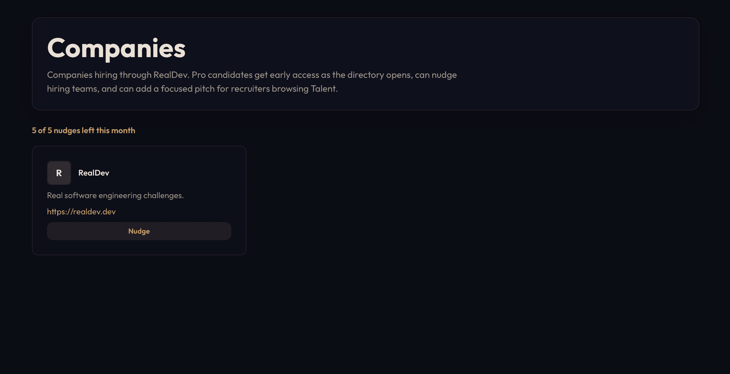 RealDev Companies page showing five available nudges and a company card with a Nudge action