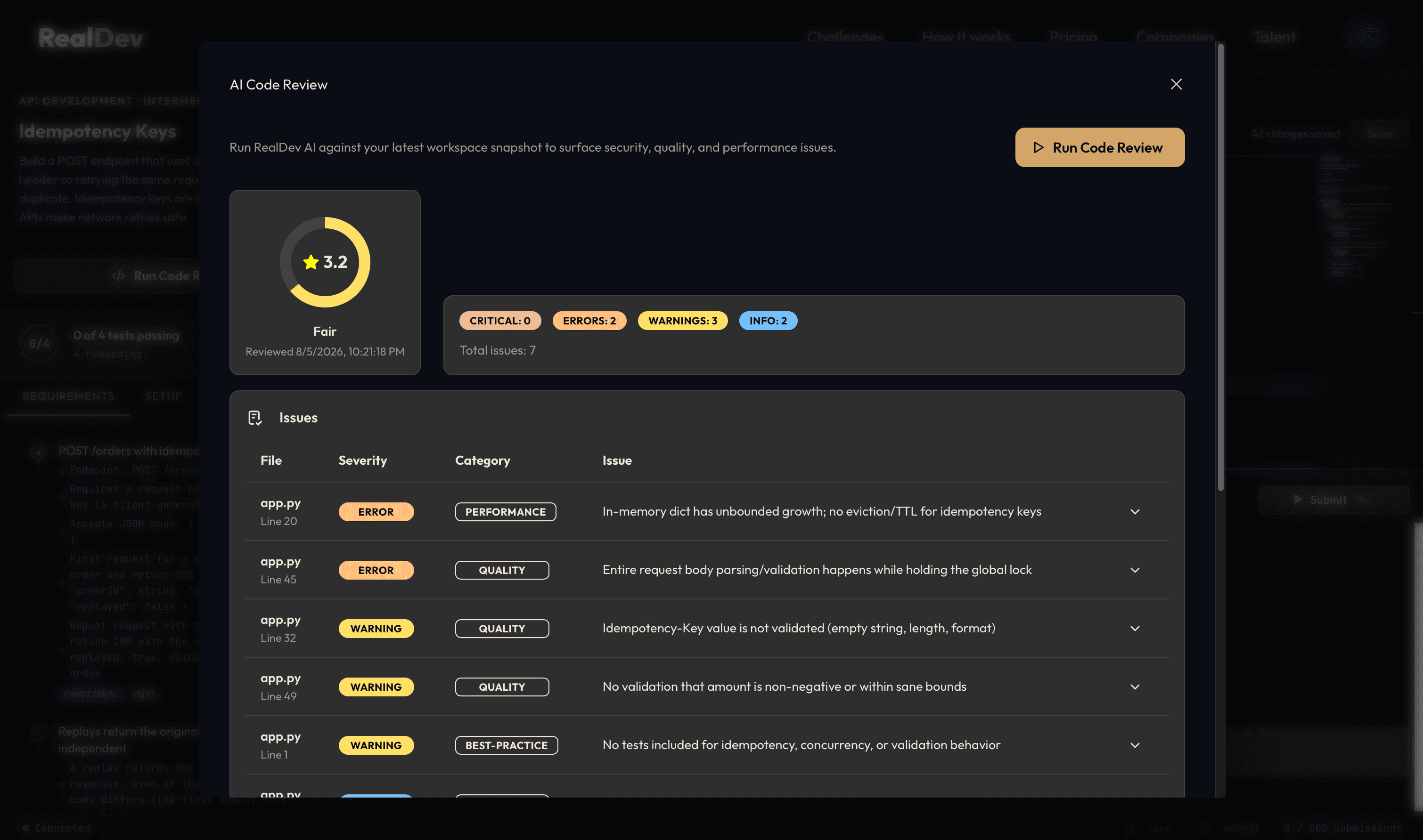 RealDev AI code review showing a score and categorized findings