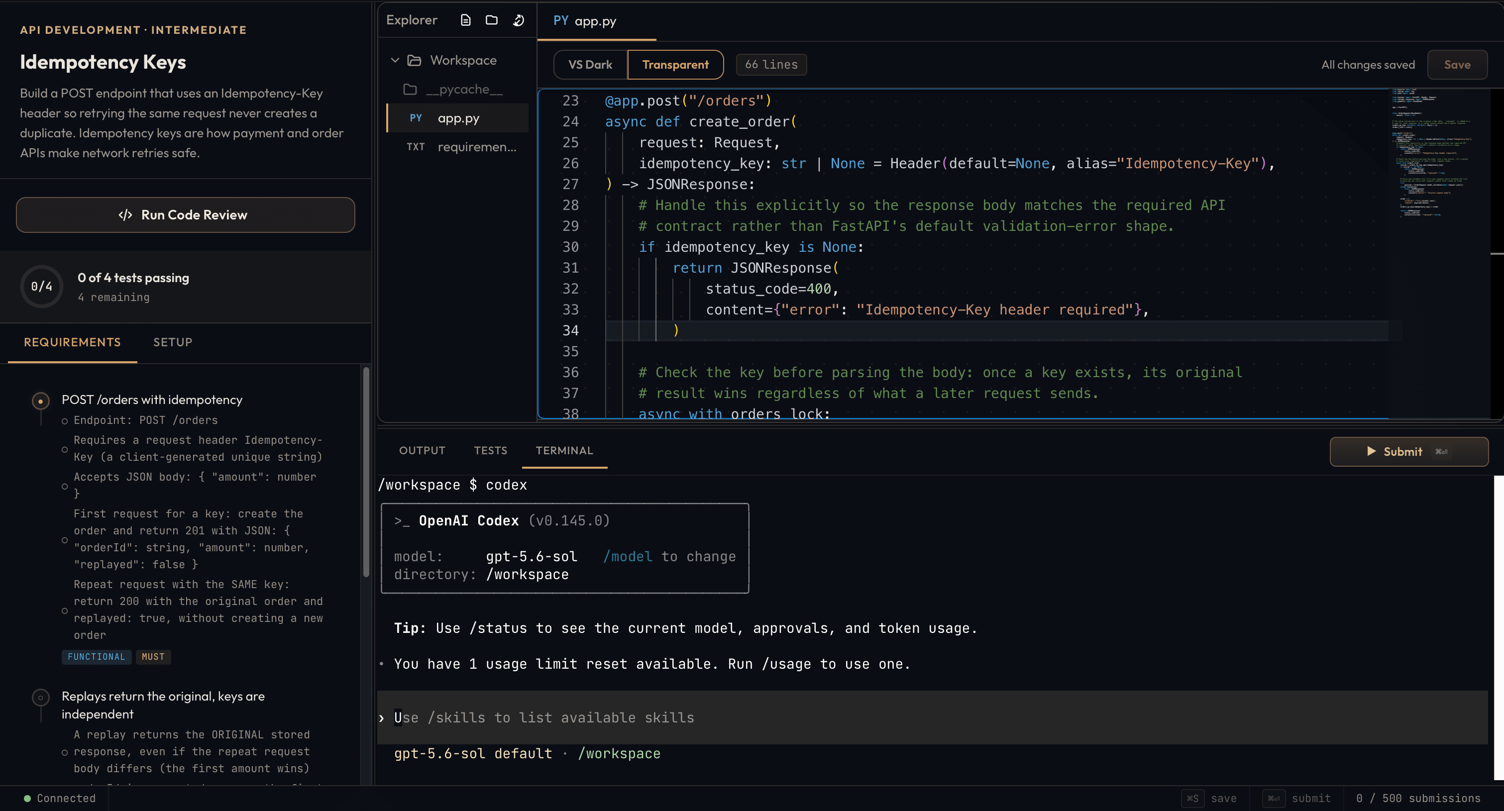 RealDev Idempotency Keys challenge open in the cloud IDE