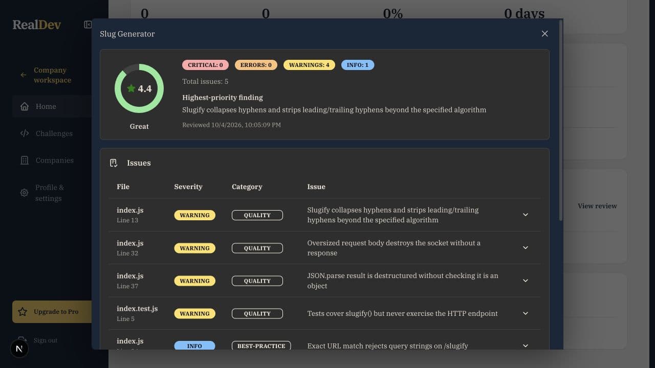 RealDev AI code review showing a score and categorized findings