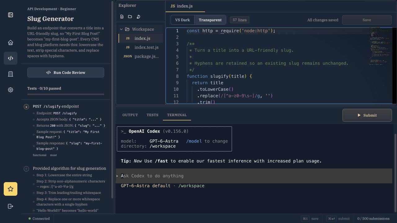 RealDev Slug Generator challenge open in the cloud IDE with Codex in the terminal