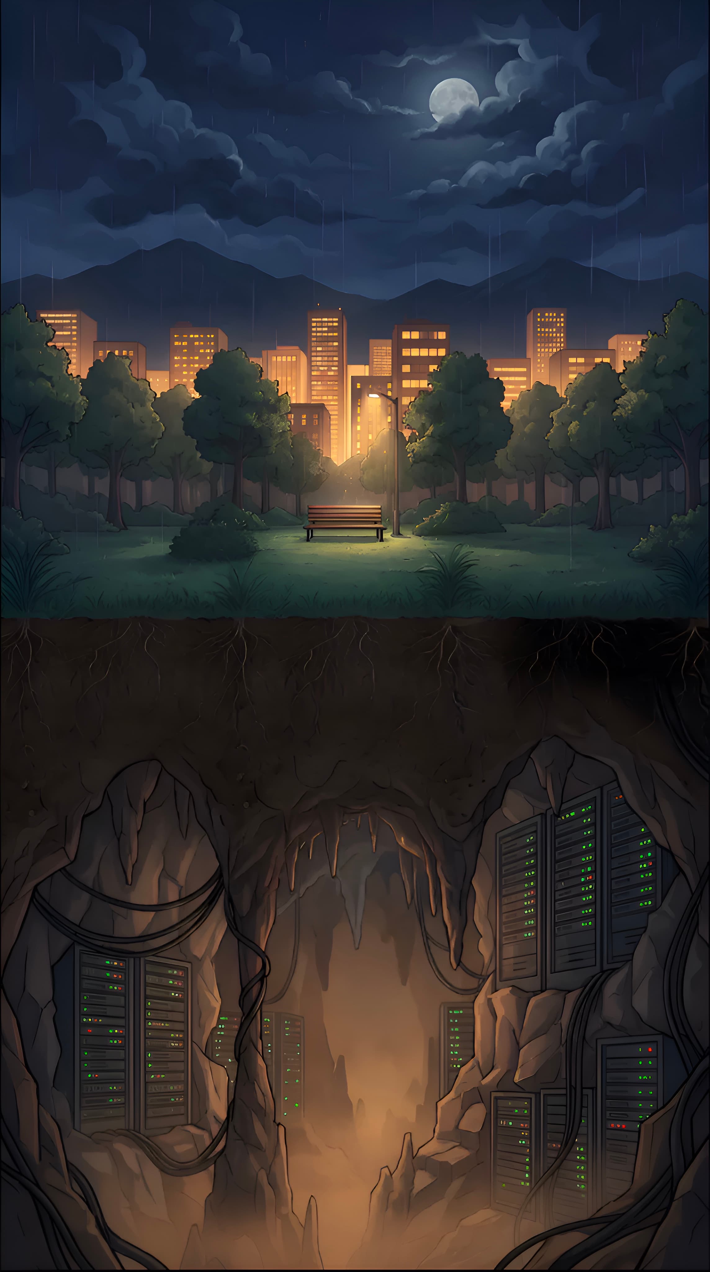 Vertical split scene — night cityscape with park bench above, underground server cave below