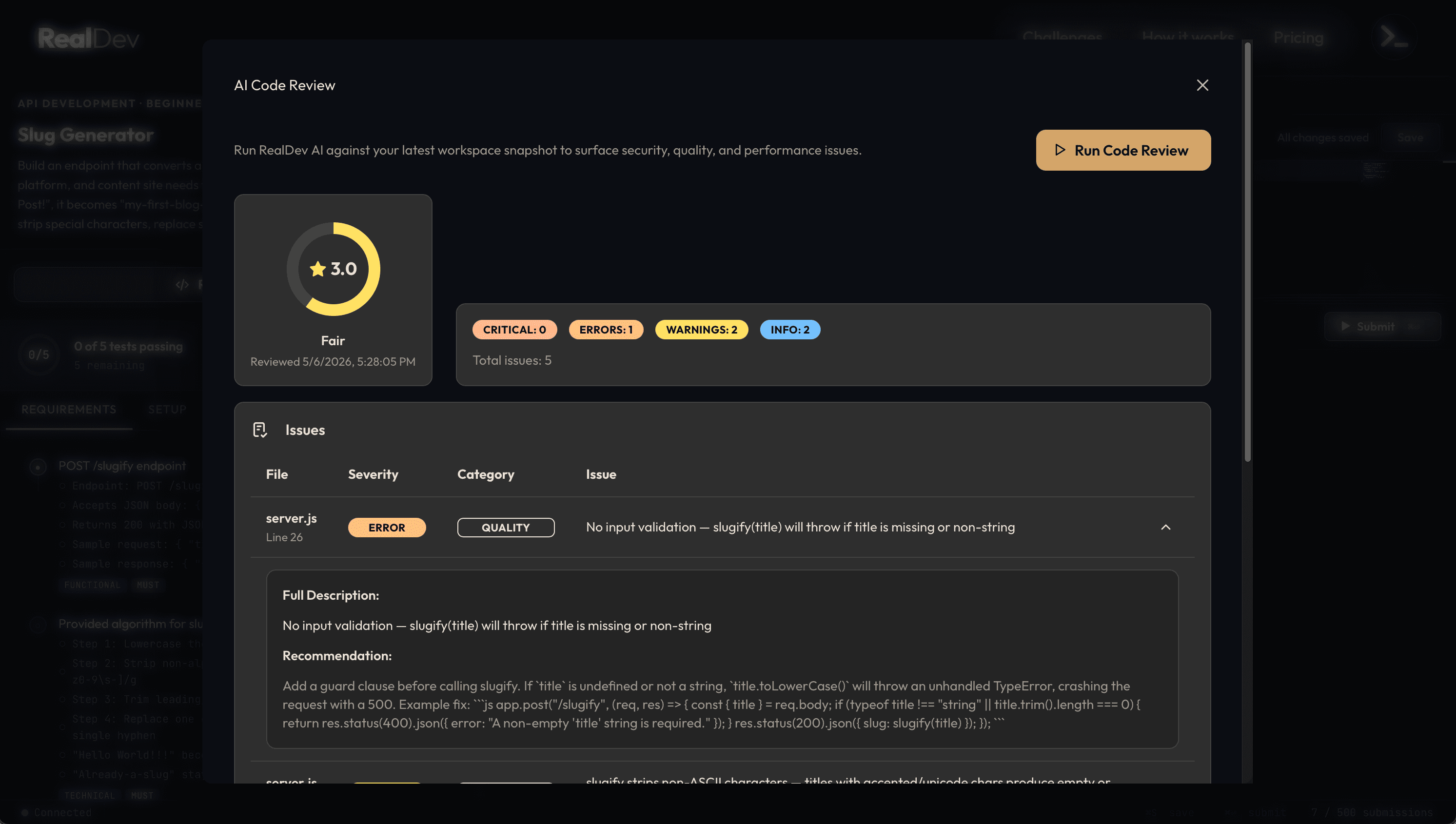 AI Code Review modal with quality score and surfaced issues
