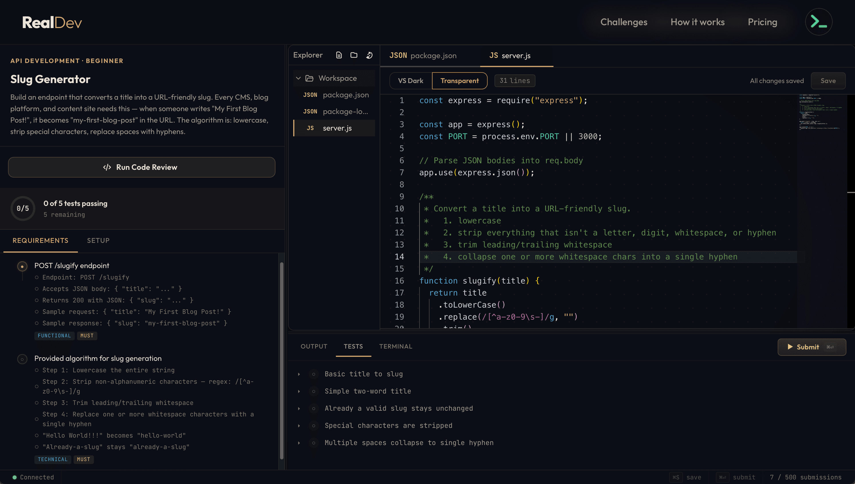 Challenge solve page with VS Code editor, file tree, requirements, and tests